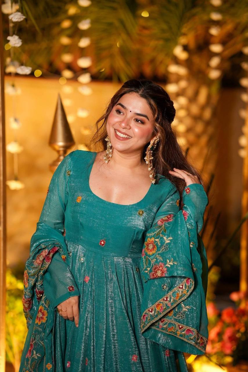 Rama Crunchy Silk Embroidered Anarkali Sharara Suit Set [3 PCS]
