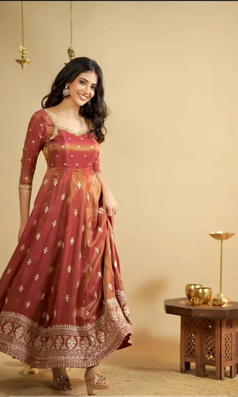 Myra Rust Luxe Sequins Embroidered Anarkali Suit Set
