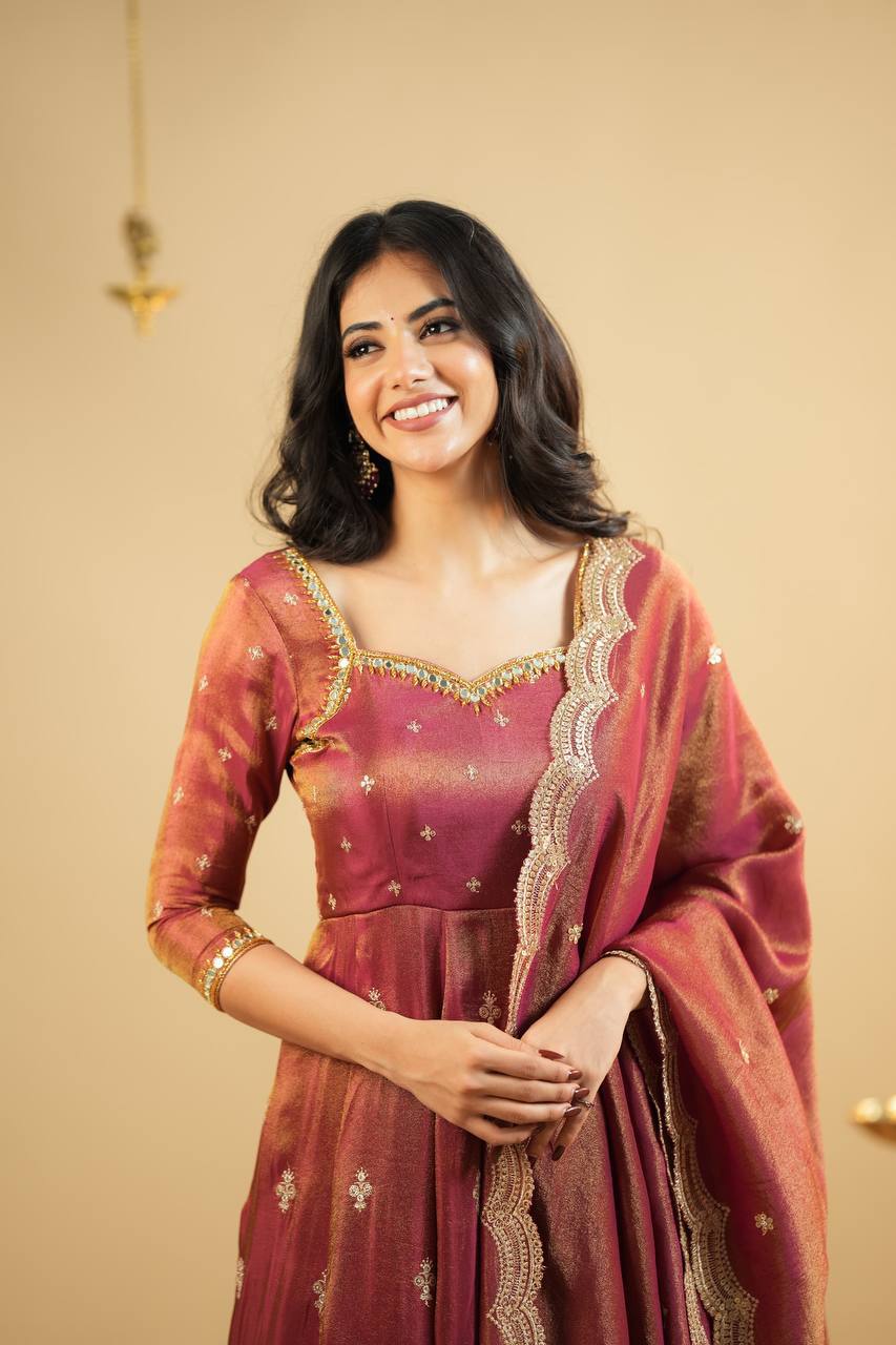 Myra Rust Luxe Sequins Embroidered Anarkali Suit Set