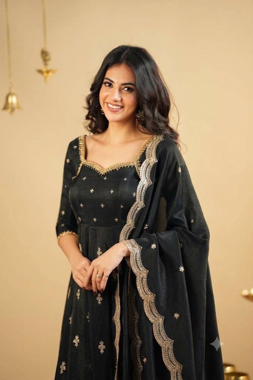 Aadhya Black Embroidered Anarkali Suit Set