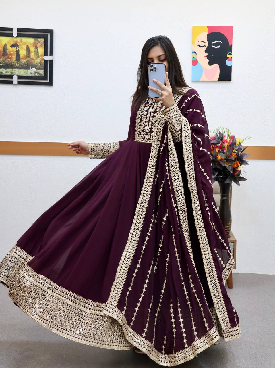 Elara Wine Sequins Designer Gown Set