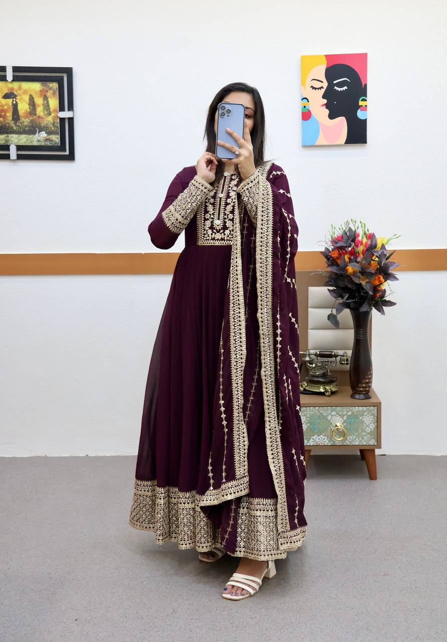 Elara Wine Sequins Designer Gown Set