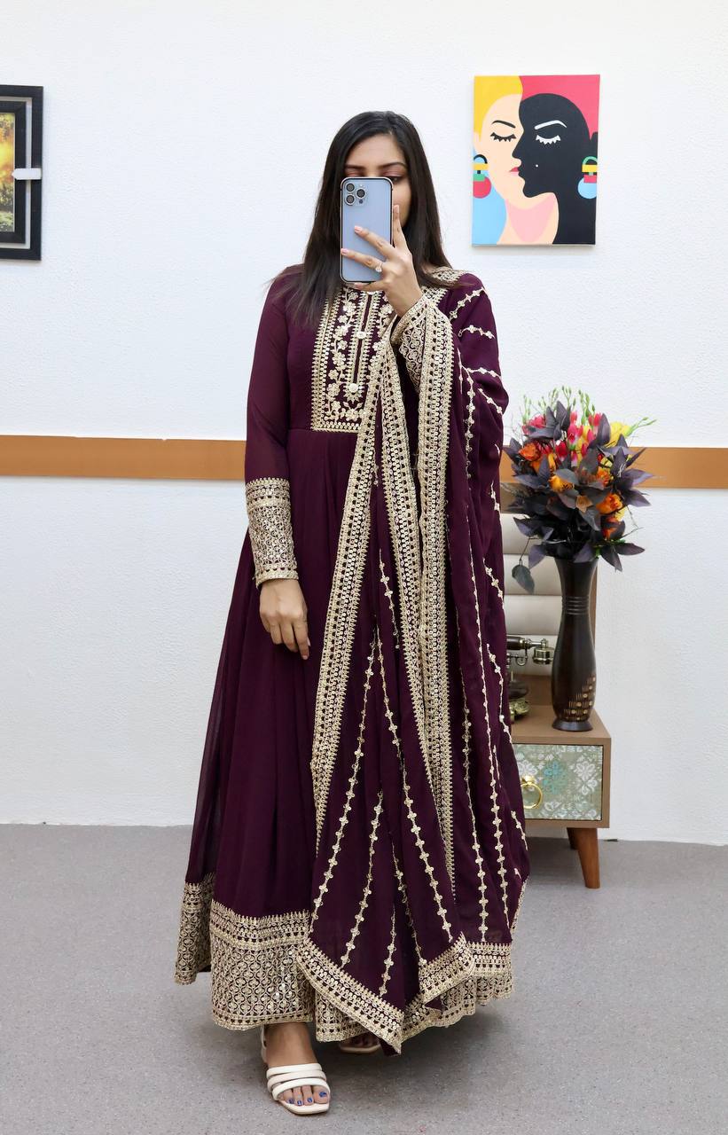 Elara Wine Sequins Designer Gown Set