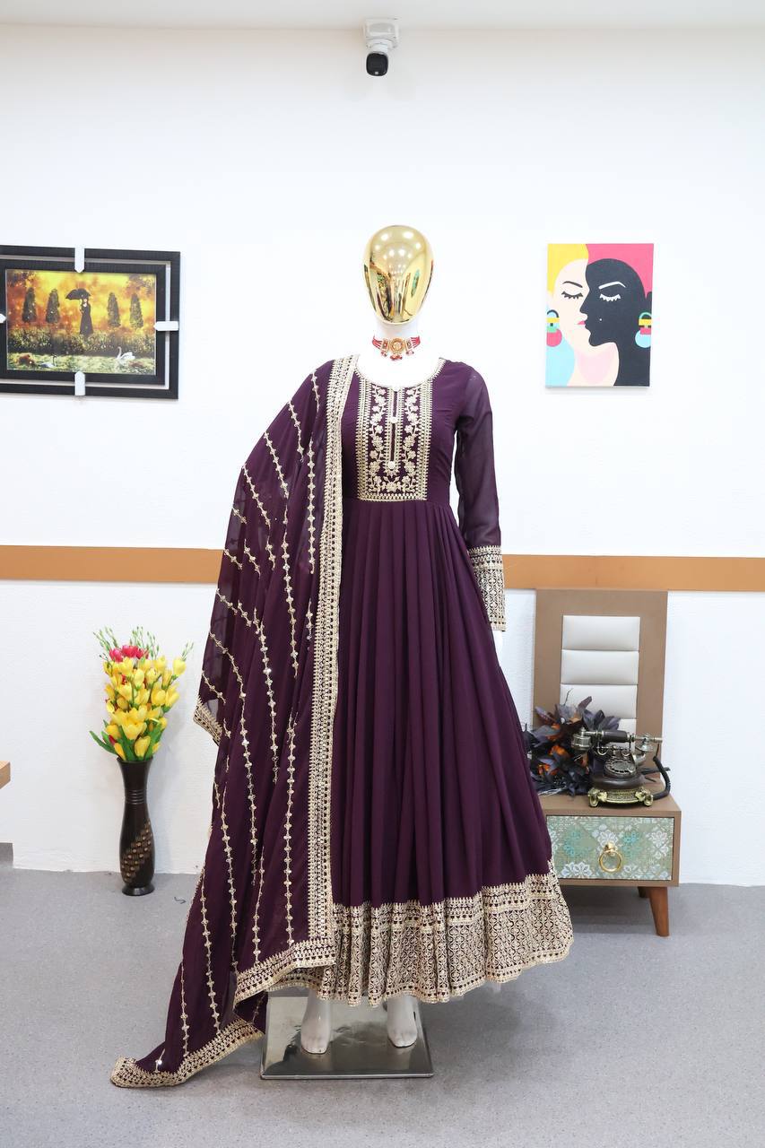 Elara Wine Sequins Designer Gown Set
