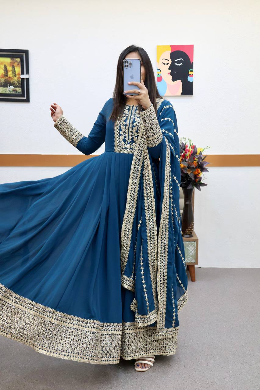 Aarohi Teal Blue Sequins Gown Set