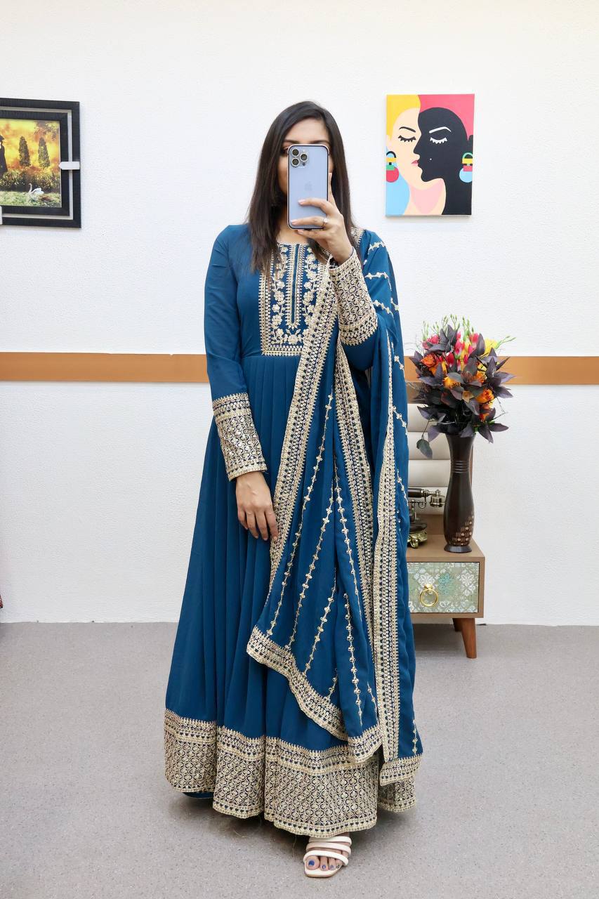 Aarohi Teal Blue Sequins Gown Set