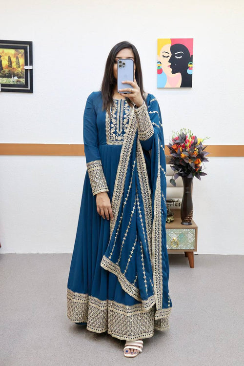 Aarohi Teal Blue Sequins Gown Set