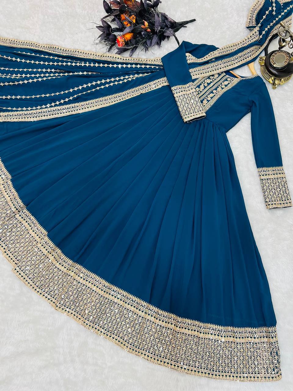Aarohi Teal Blue Sequins Gown Set