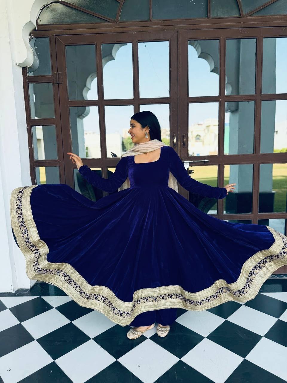 Blue Velvet Embroidered Anarkali Suit Set [3 PCS]