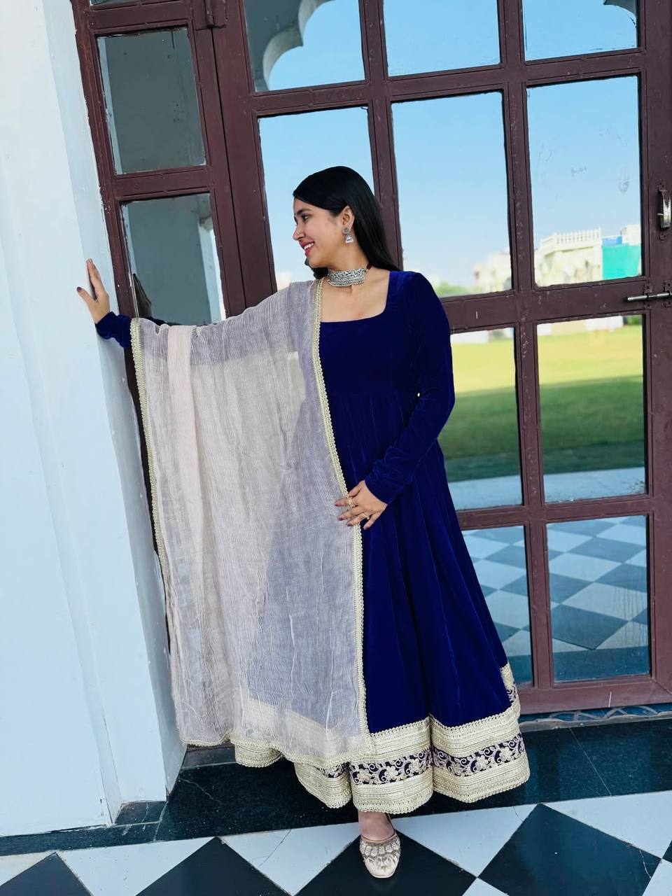 Blue Velvet Embroidered Anarkali Suit Set [3 PCS]