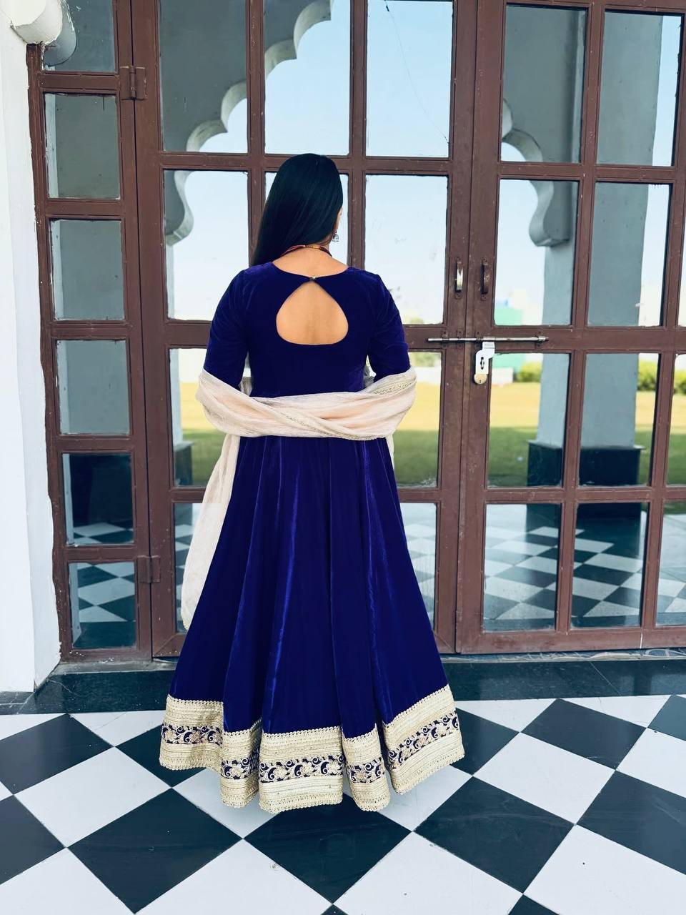 Blue Velvet Embroidered Anarkali Suit Set [3 PCS]
