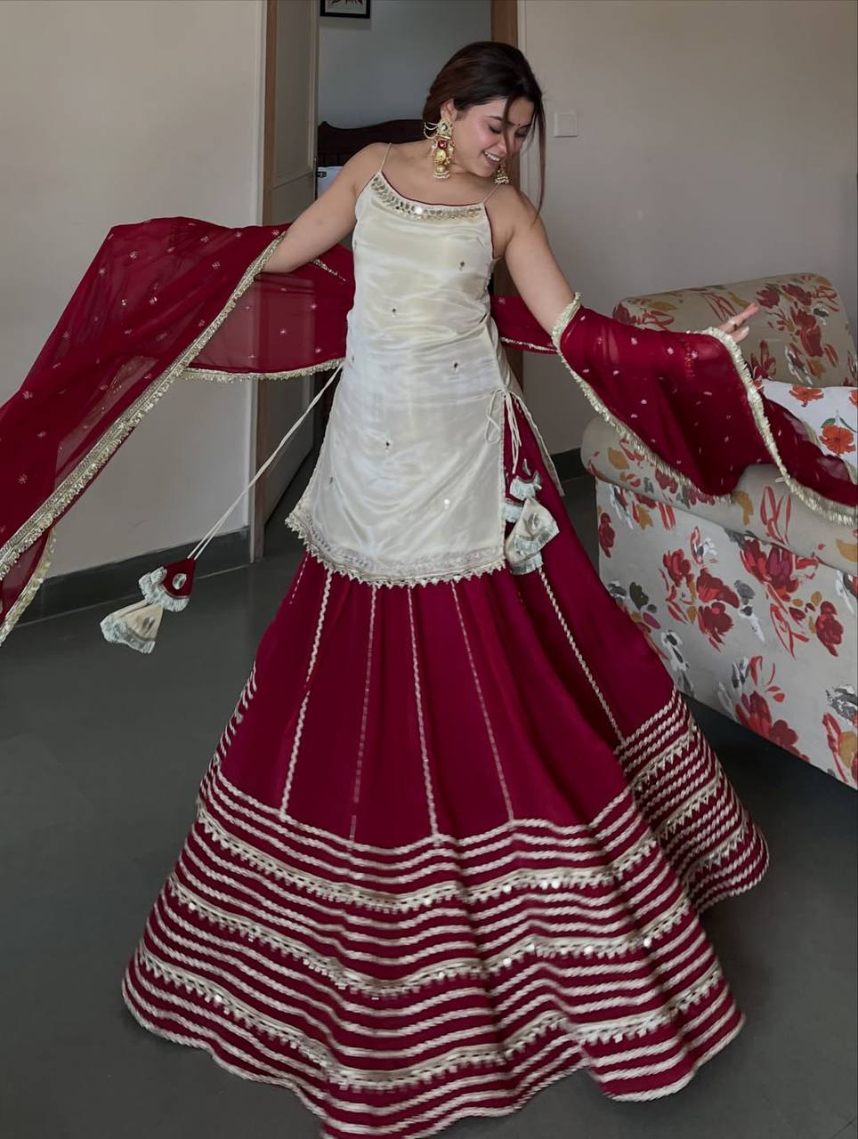 Maroon Zari Embroidery Crop Top Lehenga Set