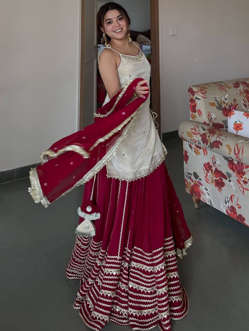 Maroon Zari Embroidery Crop Top Lehenga Set