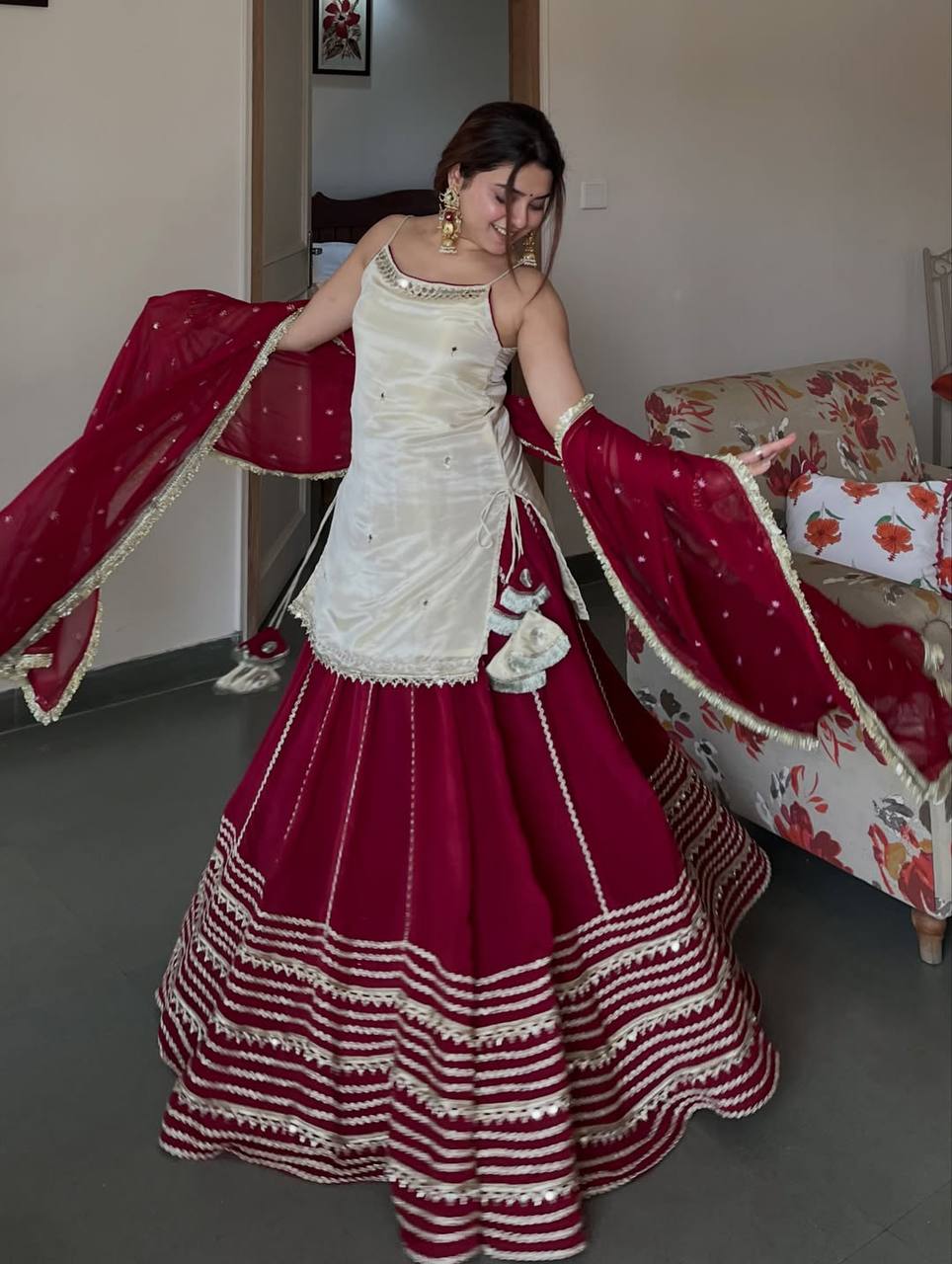 Maroon Zari Embroidery Crop Top Lehenga Set