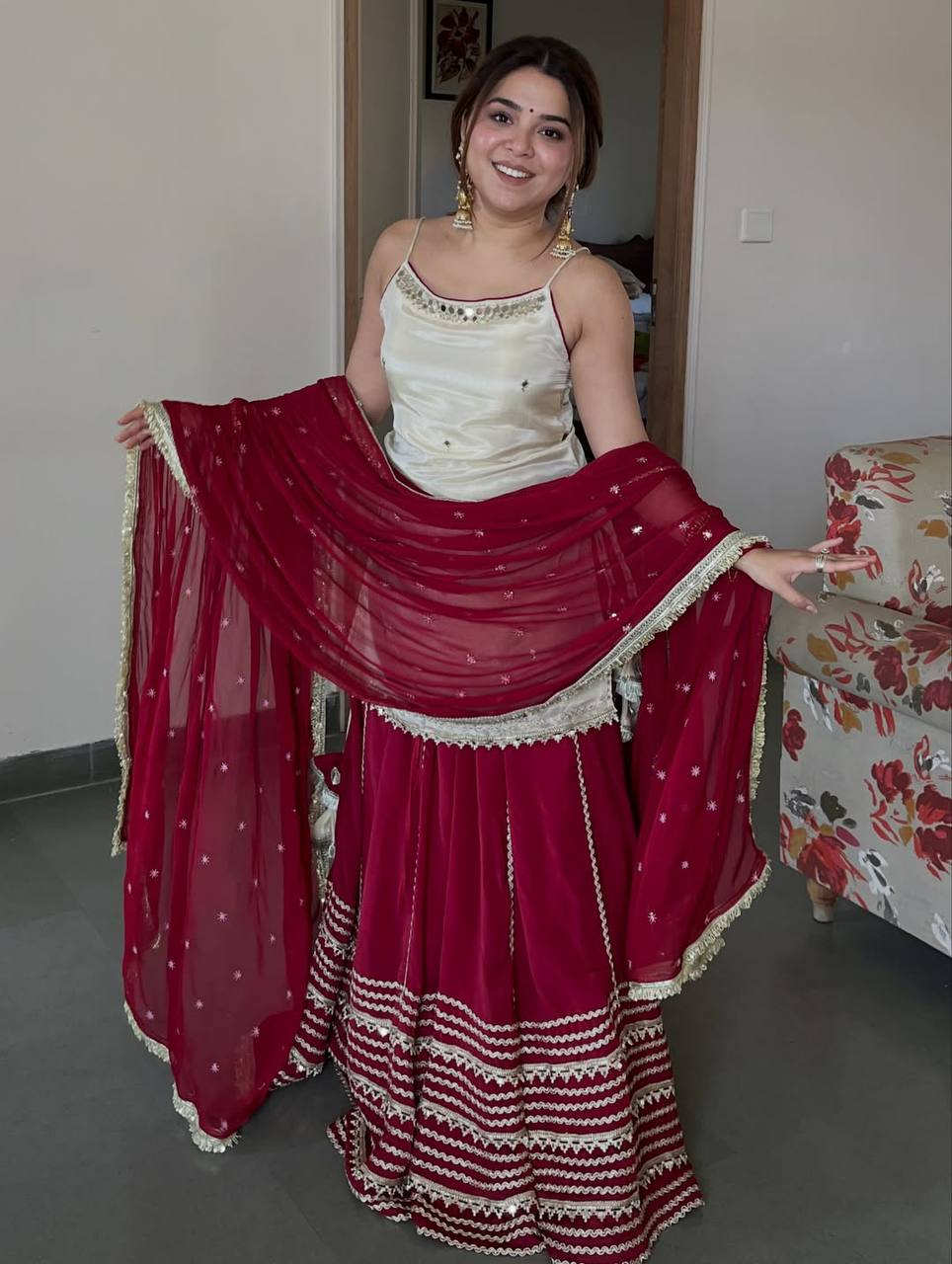 Maroon Zari Embroidery Crop Top Lehenga Set