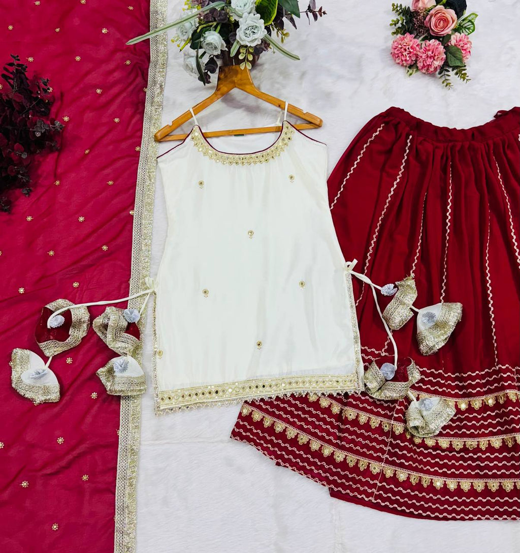 Maroon Zari Embroidery Crop Top Lehenga Set