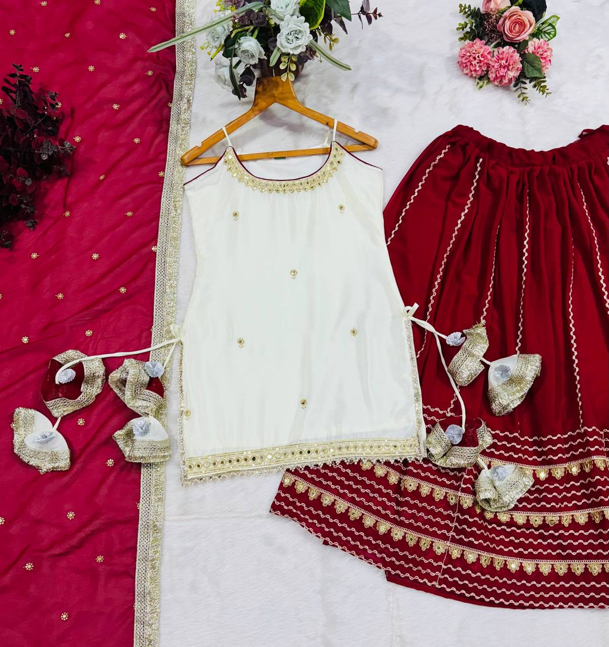 Maroon Zari Embroidery Crop Top Lehenga Set