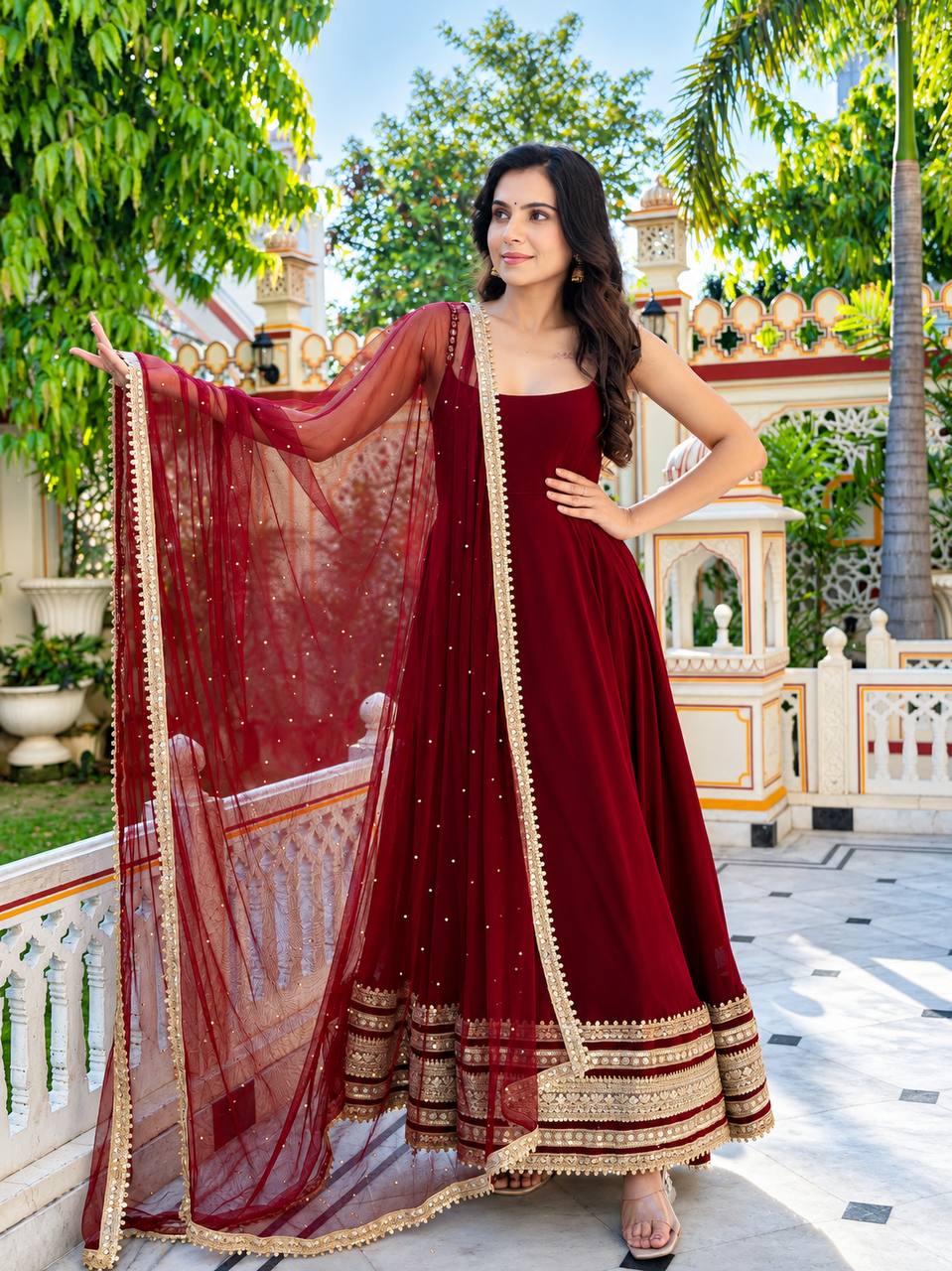 Zareen Maroon Embroidered Anarkali Suit Set