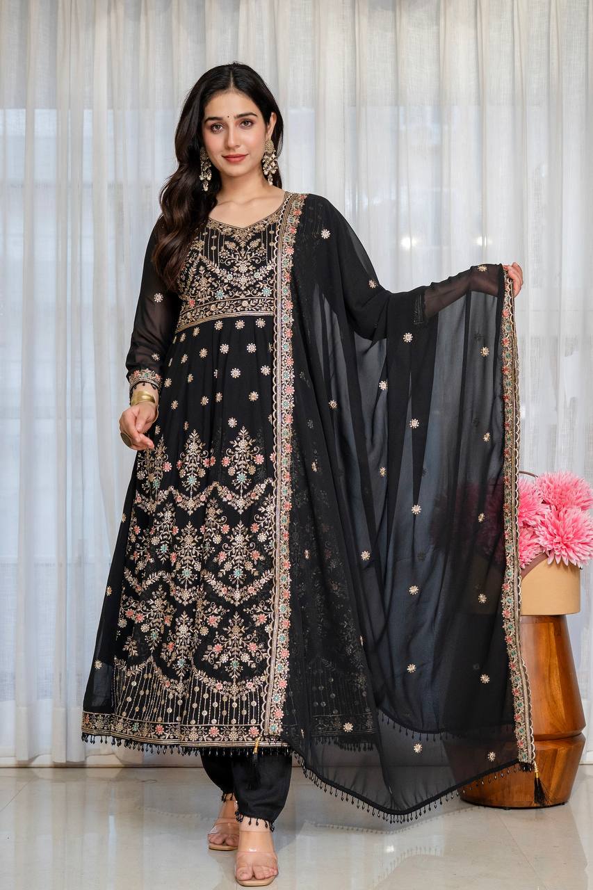 Zoya Black Zari Embroidery Anarkali Suit Set
