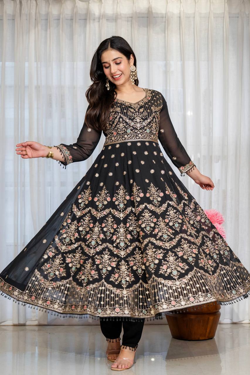 Zoya Black Zari Embroidery Anarkali Suit Set