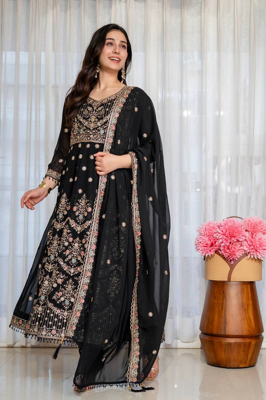 Zoya Black Zari Embroidery Anarkali Suit Set