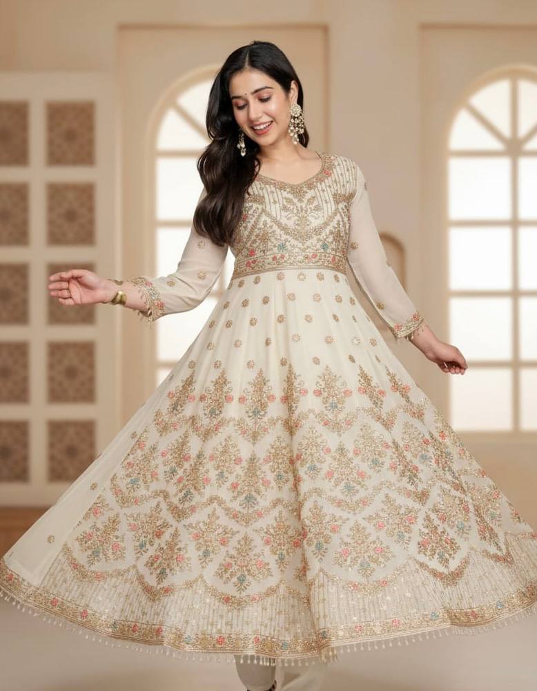 Aarohi Off White Zari Embroidery Anarkali Suit Set