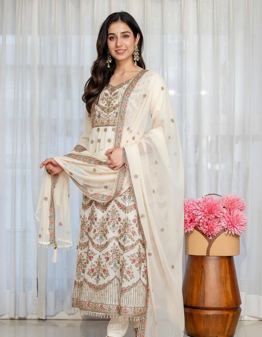 Aarohi Off White Zari Embroidery Anarkali Suit Set