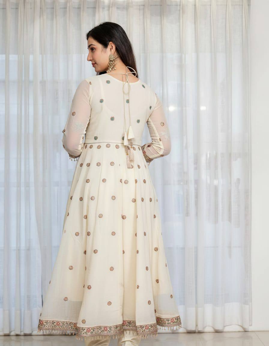 Aarohi Off White Zari Embroidery Anarkali Suit Set