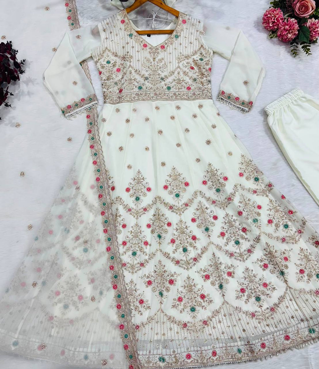 Aarohi Off White Zari Embroidery Anarkali Suit Set