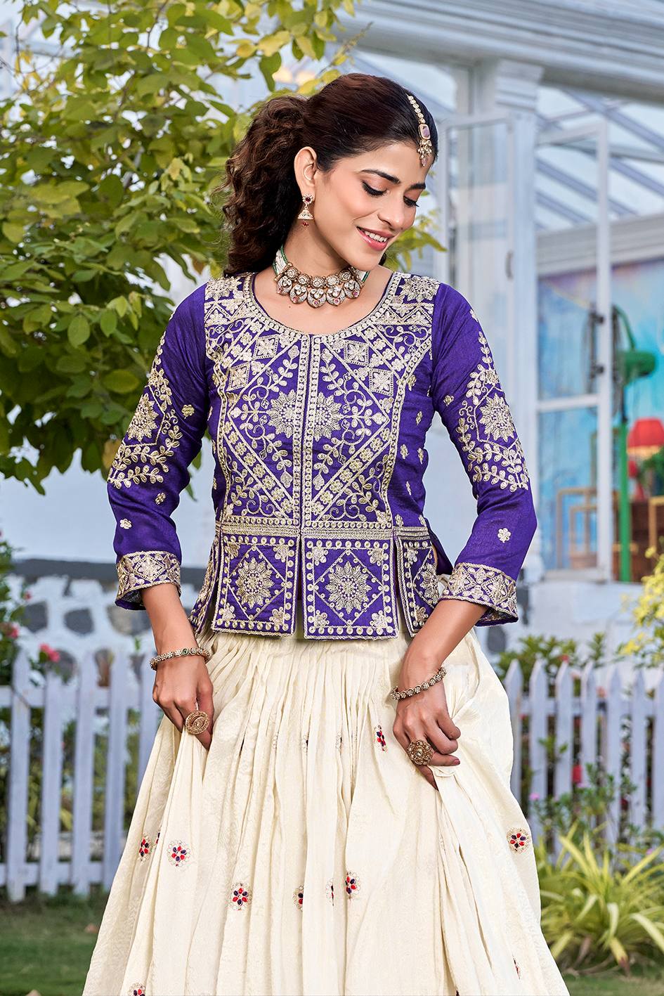 Purple Vichitra &amp; Tissue Silk Embroidered Lehenga Choli Set [3 PCS]