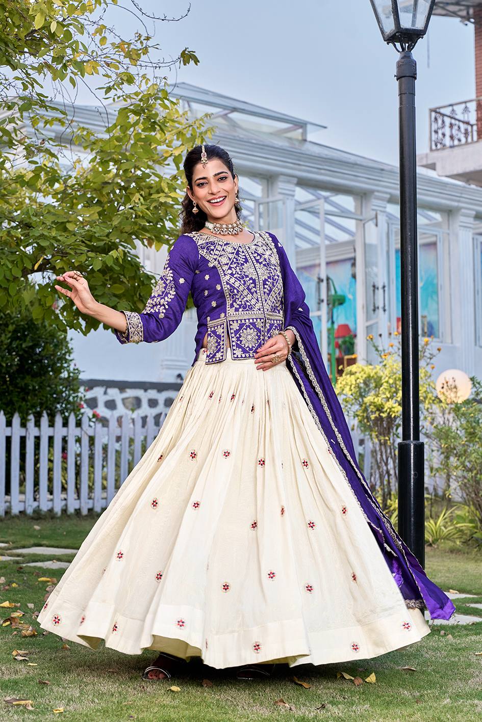 Purple Vichitra &amp; Tissue Silk Embroidered Lehenga Choli Set [3 PCS]