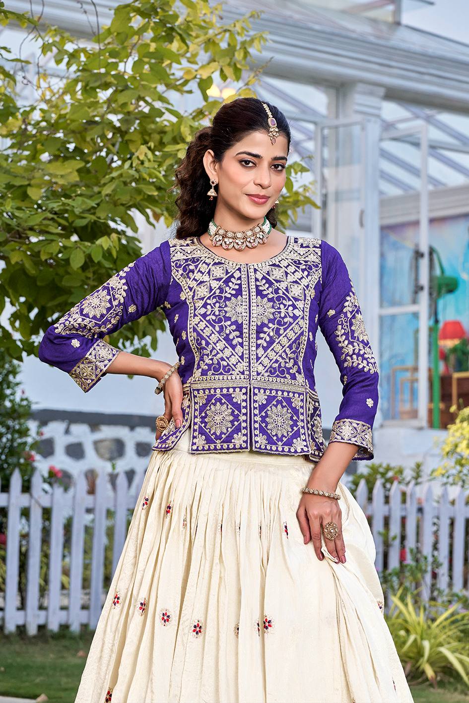 Purple Vichitra &amp; Tissue Silk Embroidered Lehenga Choli Set [3 PCS]