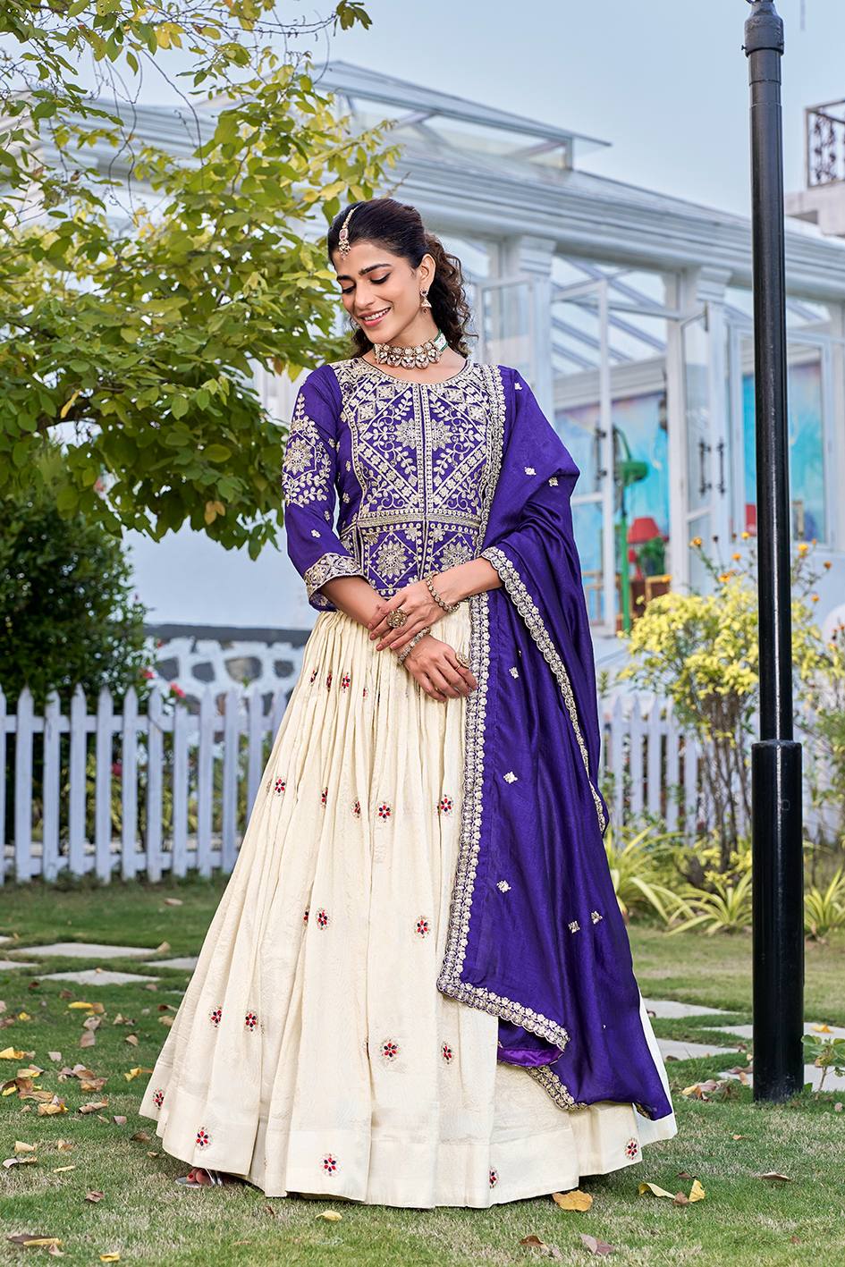 Purple Vichitra &amp; Tissue Silk Embroidered Lehenga Choli Set [3 PCS]