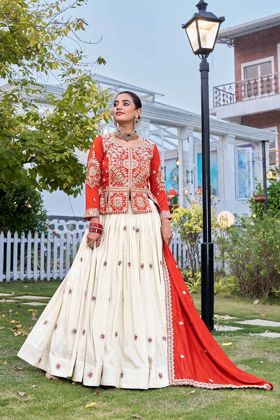 Orange Vichitra Tissue Silk Embroidered Lehenga Choli Set [3 PCS]