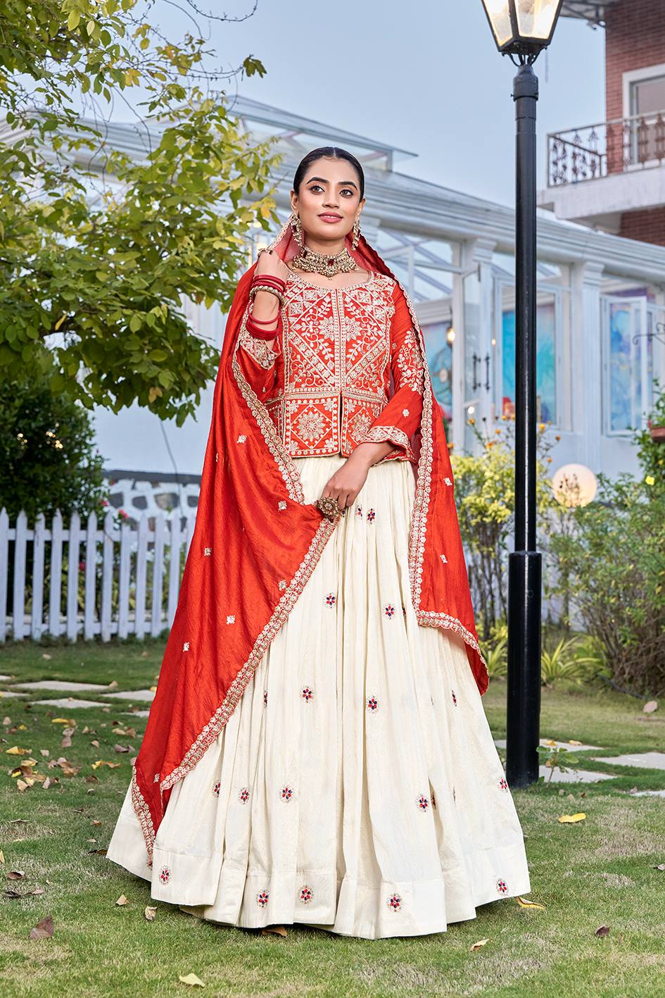 Orange Vichitra Tissue Silk Embroidered Lehenga Choli Set [3 PCS]