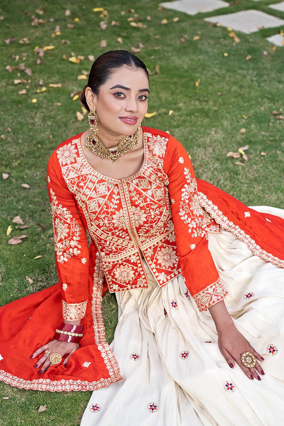 Orange Vichitra Tissue Silk Embroidered Lehenga Choli Set [3 PCS]