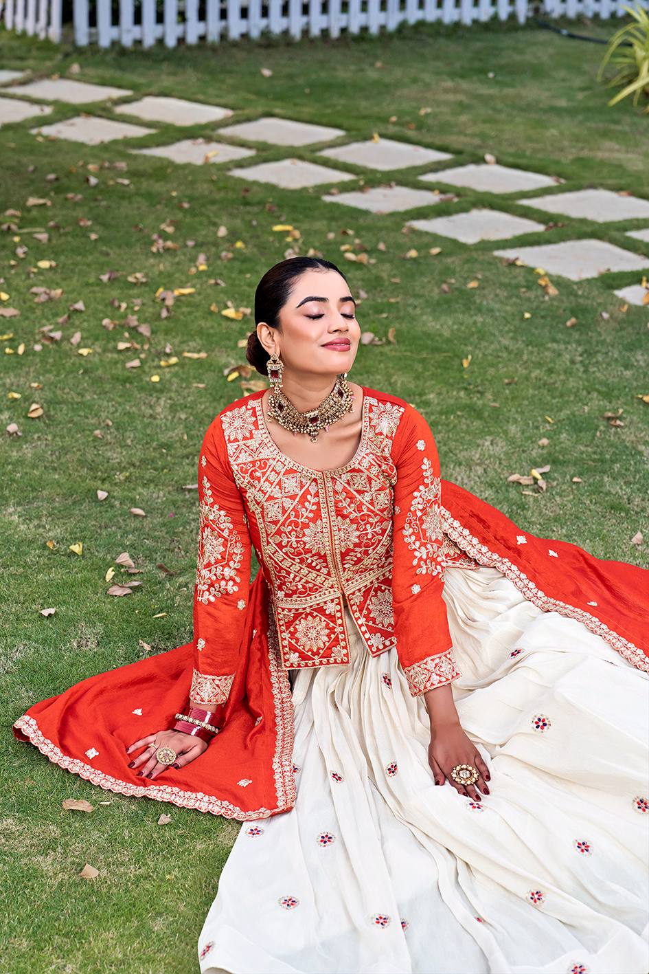 Orange Vichitra Tissue Silk Embroidered Lehenga Choli Set [3 PCS]