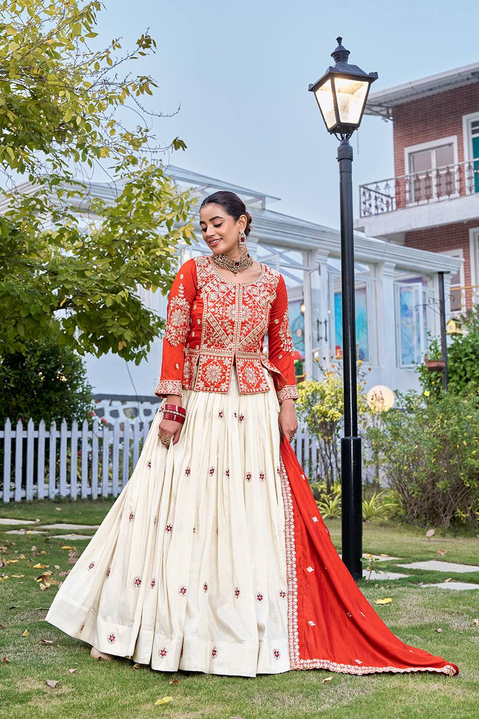 Orange Vichitra Tissue Silk Embroidered Lehenga Choli Set [3 PCS]