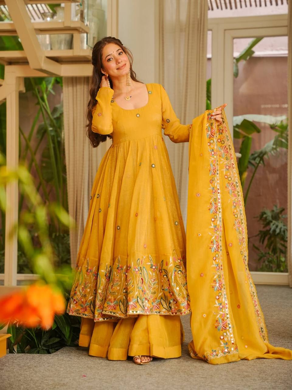 Yellow Crunchy Silk Sequins Anarkali Sharara Suit Set [3 PCS]
