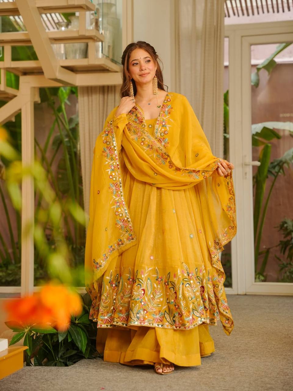 Yellow Crunchy Silk Sequins Anarkali Sharara Suit Set [3 PCS]