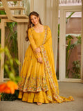 Yellow Crunchy Silk Sequins Anarkali Sharara Suit Set [3 PCS]