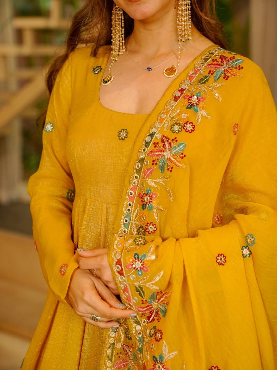 Yellow Crunchy Silk Sequins Anarkali Sharara Suit Set [3 PCS]