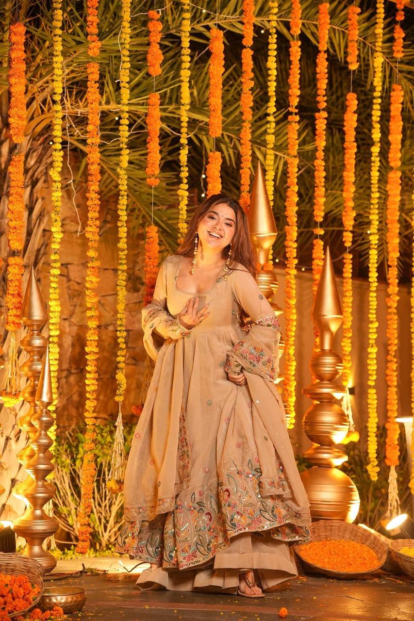 Yellow Sequins Embroidered Anarkali Sharara Suit Set [3 PCS]