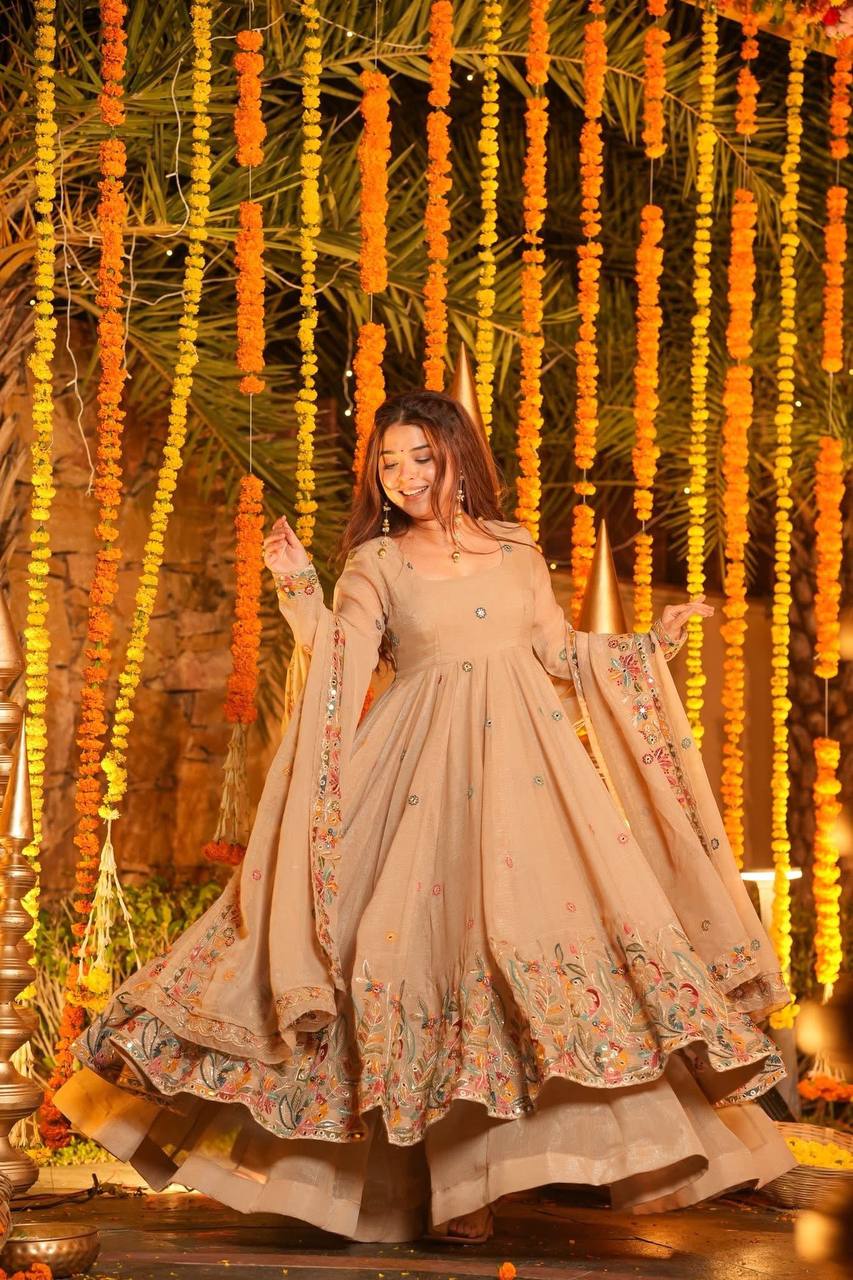 Yellow Sequins Embroidered Anarkali Sharara Suit Set [3 PCS]