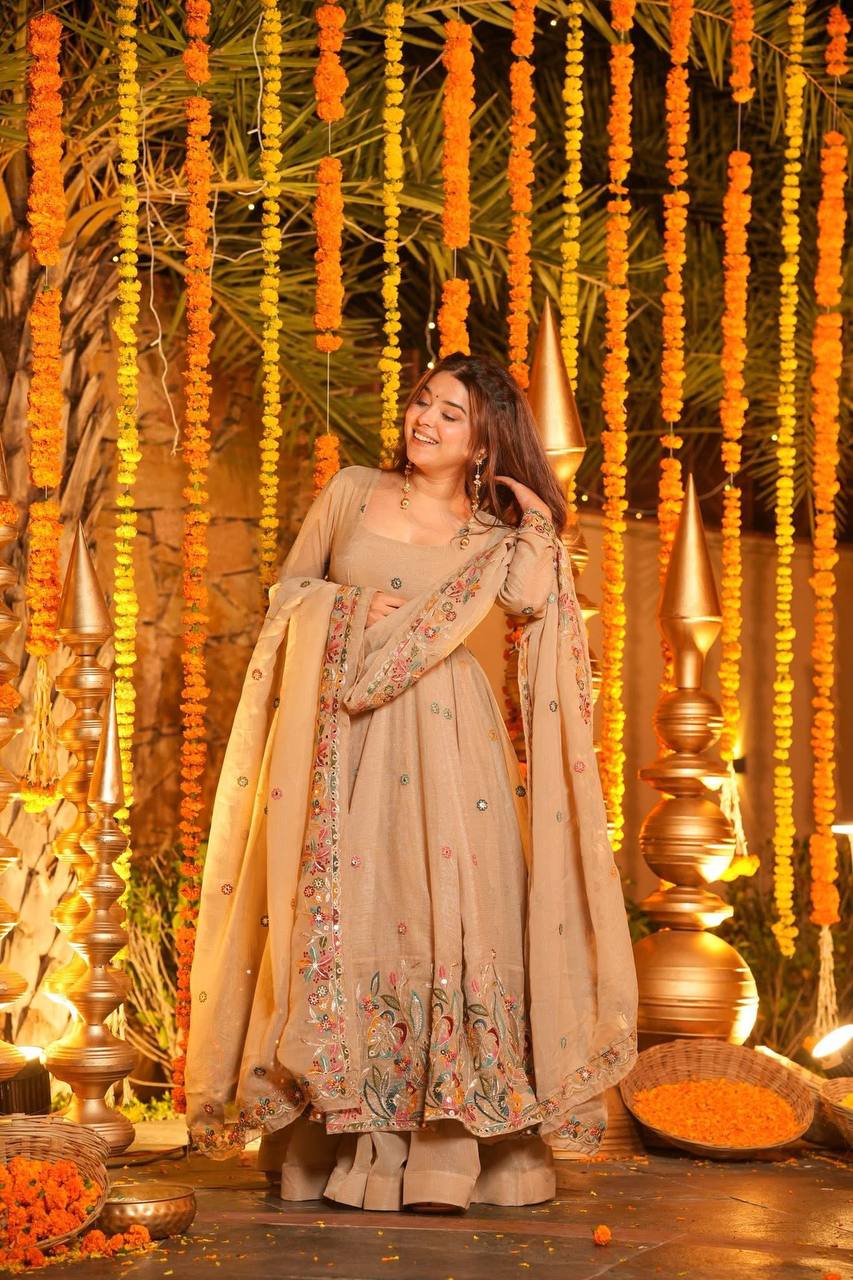 Yellow Sequins Embroidered Anarkali Sharara Suit Set [3 PCS]