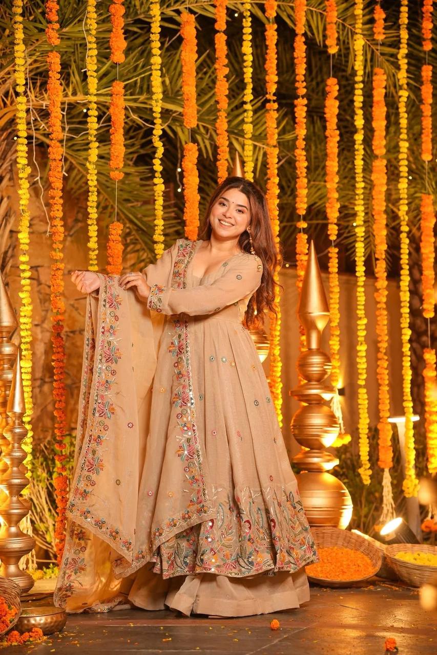 Yellow Sequins Embroidered Anarkali Sharara Suit Set [3 PCS]