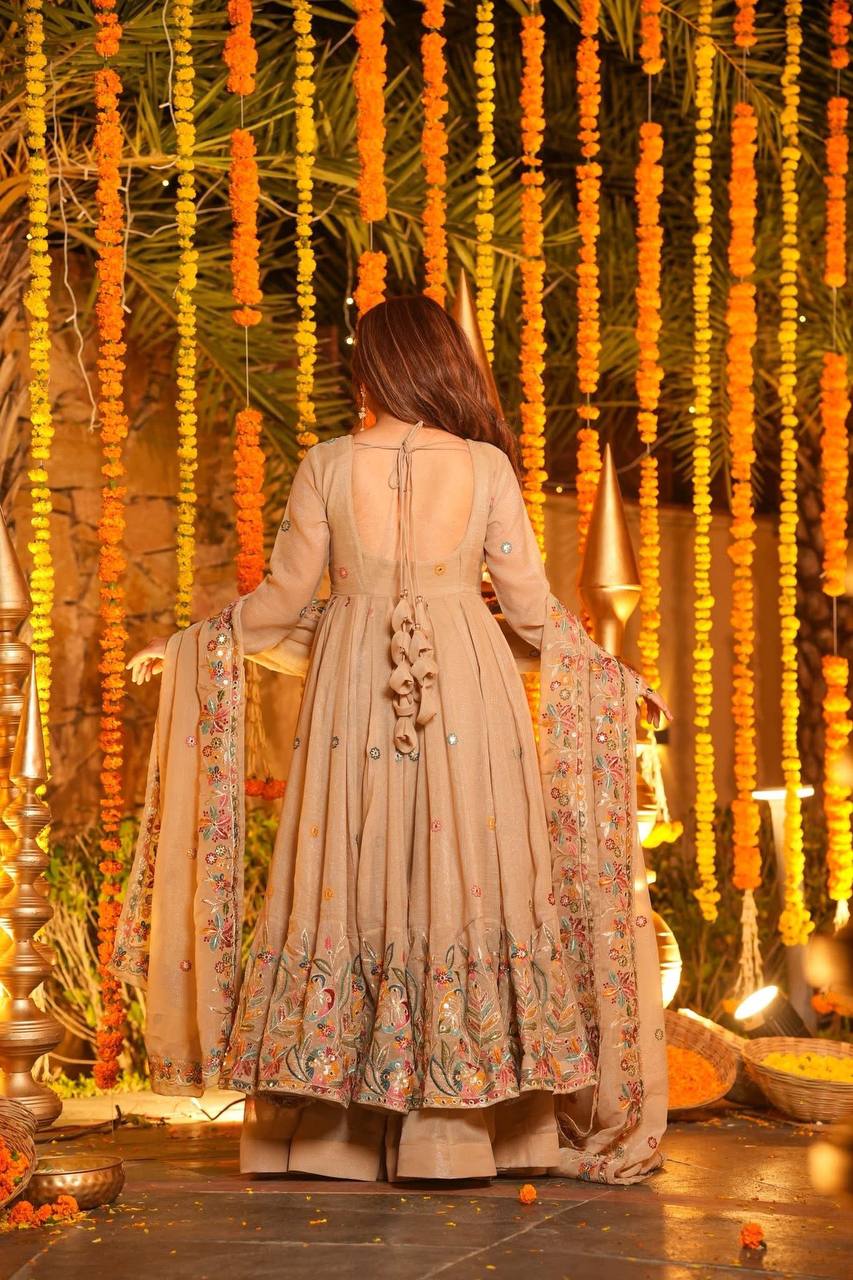 Yellow Sequins Embroidered Anarkali Sharara Suit Set [3 PCS]