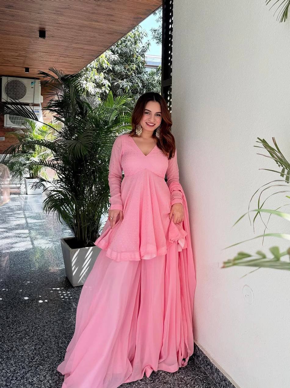 Baby Pink Foil Work Designer Sharara Suit Set [3 PCS]