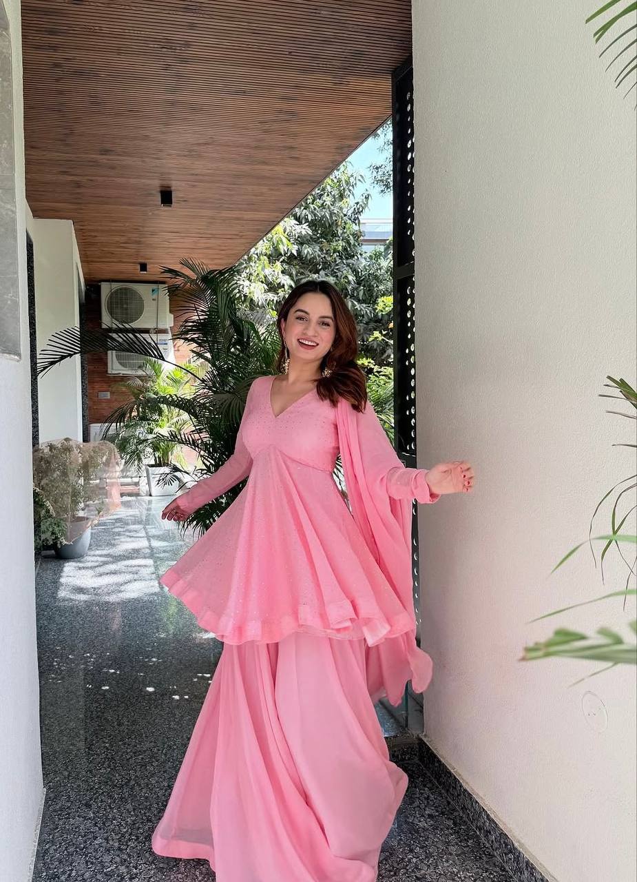 Baby Pink Foil Work Designer Sharara Suit Set [3 PCS]