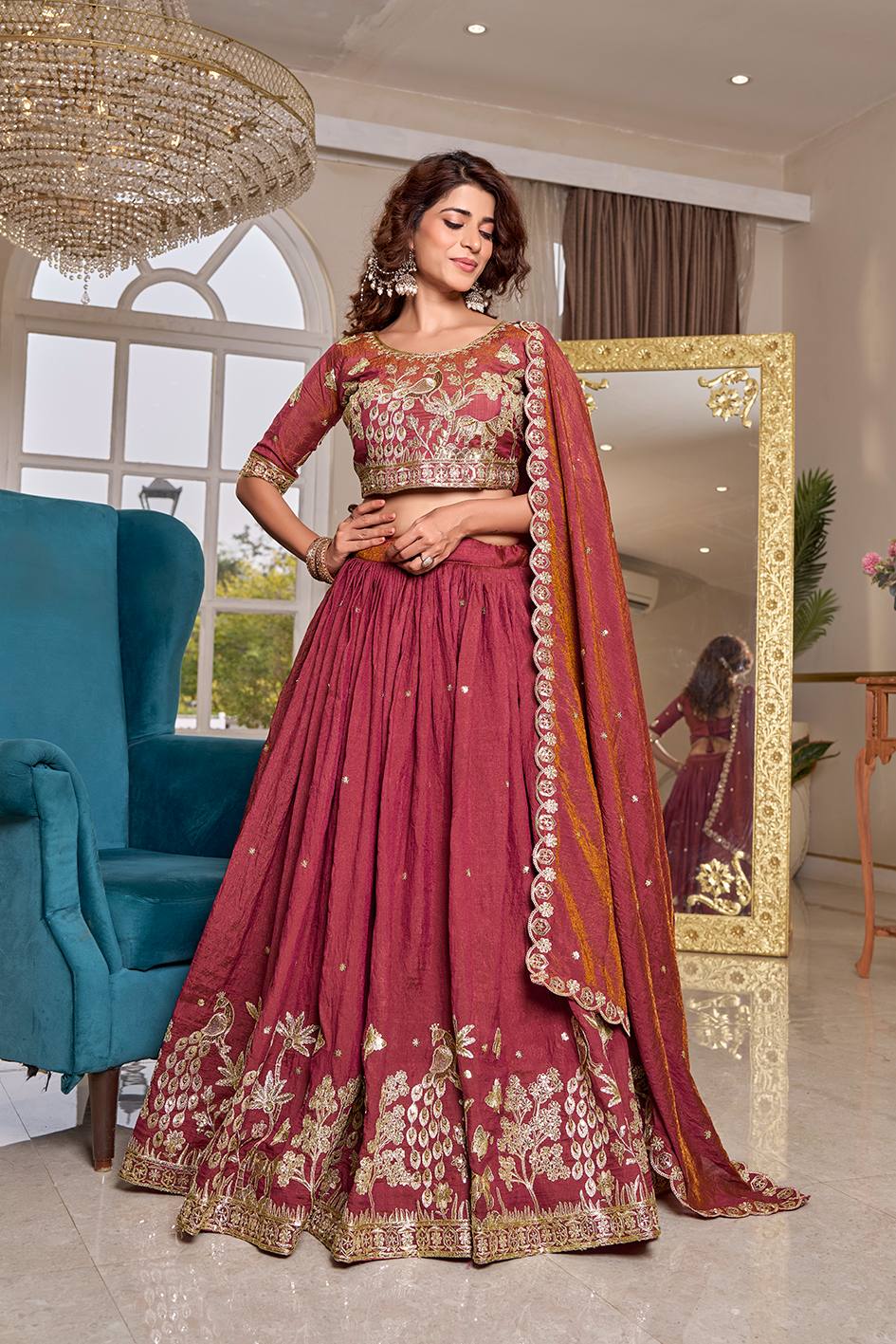 Royal Wine Vichitra Embroidered Lehenga Choli Set [3 PCS]